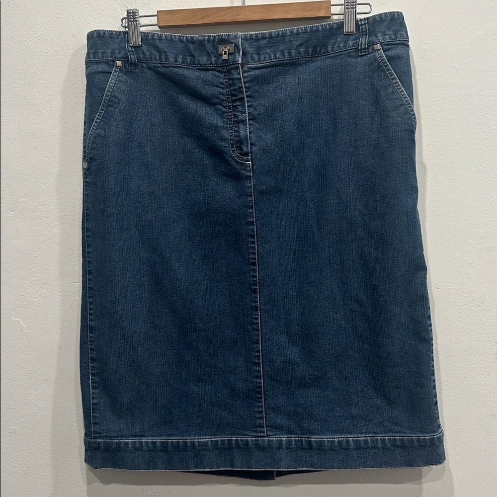 Lafayette 148 Blue Denim Jean stretch midi Pencil Skirt pockets toggle size 16